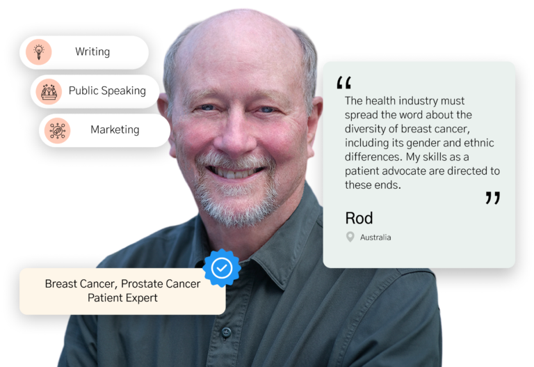 Rod testimonial: The health industry must spread the word about the diversity of breast cancer, including its gender and ethnic differences. My skills as a patient advocate are directed to these ends.