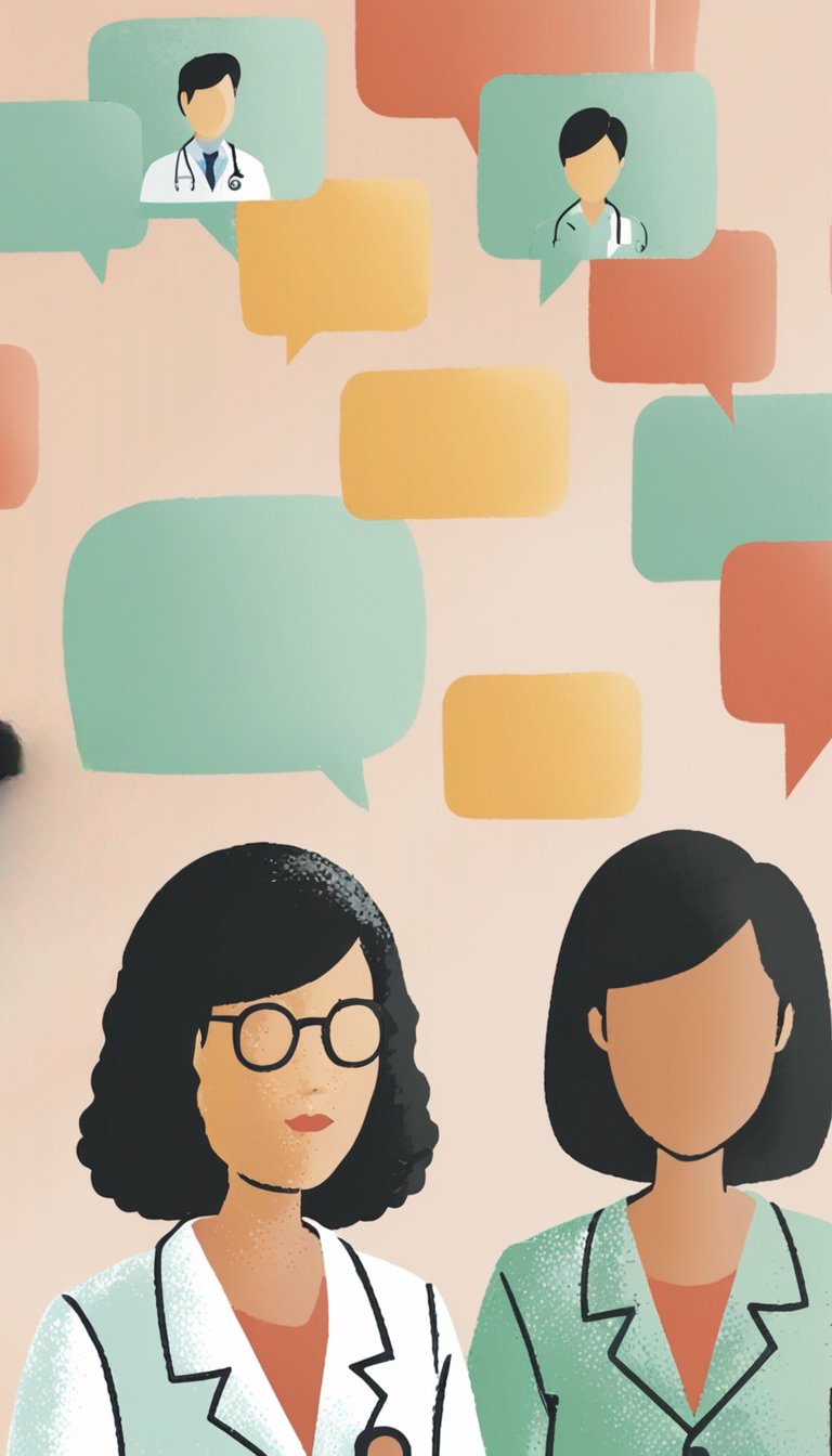 asian doctor and middle aged female patient in conversation with speech bubbles above their heads 1
