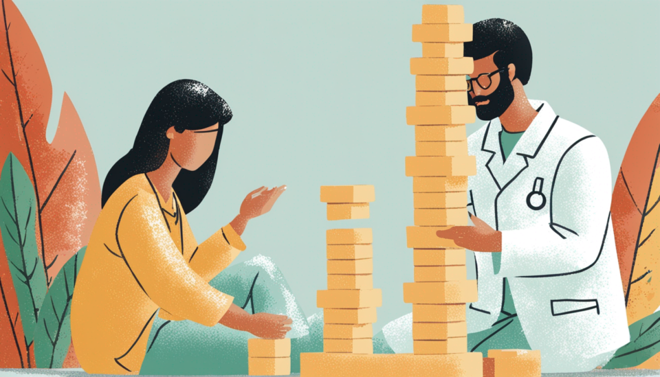 a patient and a doctor playing jenga