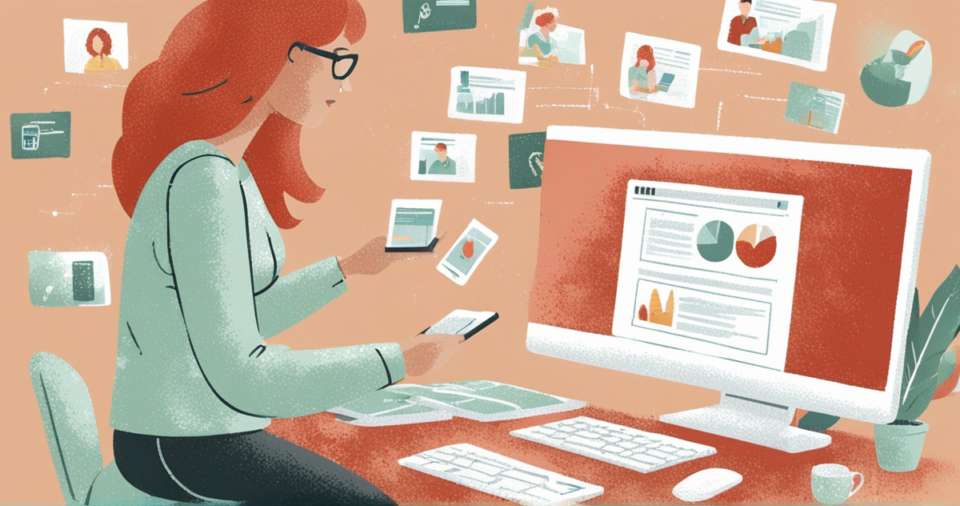 A female patient with long red hair sitting at a computer searching for information on ulcerative colitis with browser tabs