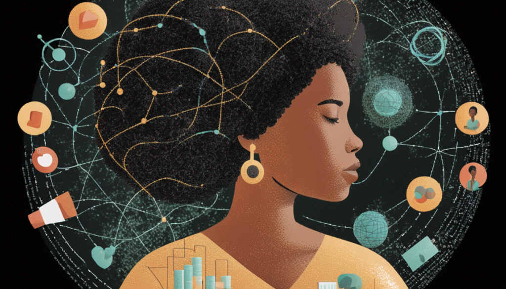 A serene visualization of a female patient at the center of a knowledge sphere where jumbled medical data represented by