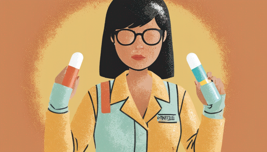 Image in the style of a Mythbusters episode A nervous female southeast asian holding a medicine pill in each hand
