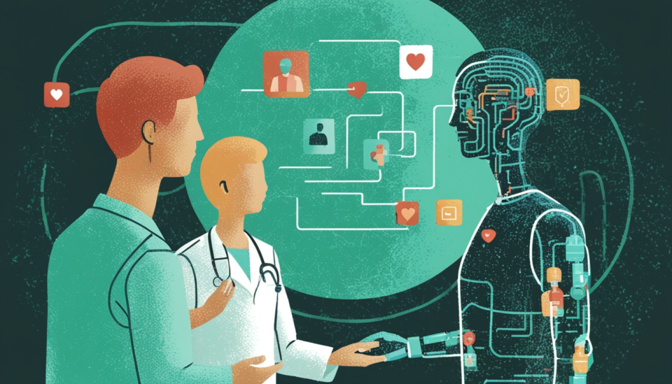 a doctor and a patient having a conversation overlaid with digital lines of AI code and chatbot interfaces illustrating the
