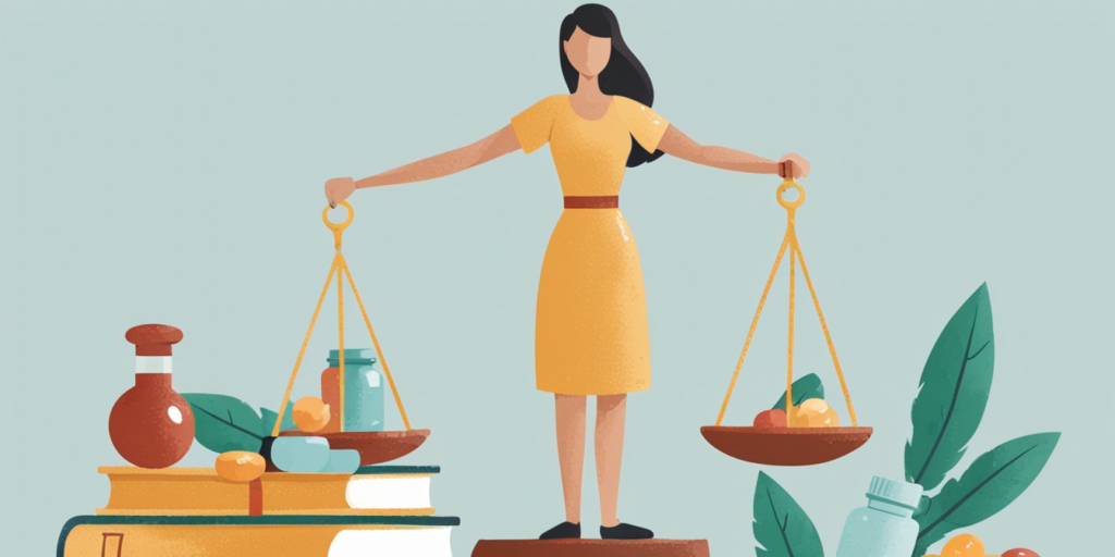 depiction of balanced scales one side filled with legal symbols gavel law book the other with healthcare icons pill bottle