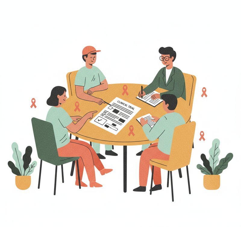 Abstract illustration of patients and researchers co-designing a clinical trial protocol