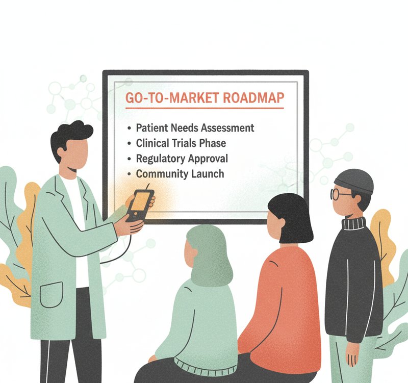 Abstract illustration of a scientist presenting a diagnostic device to patients and strategists