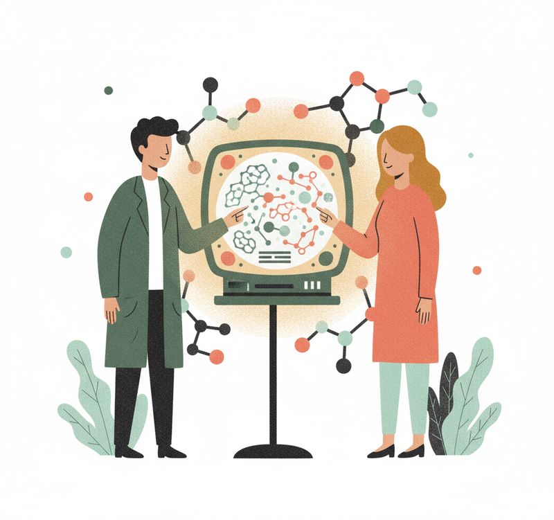 Abstract illustration of a patient and scientist examining diagnostic technology together