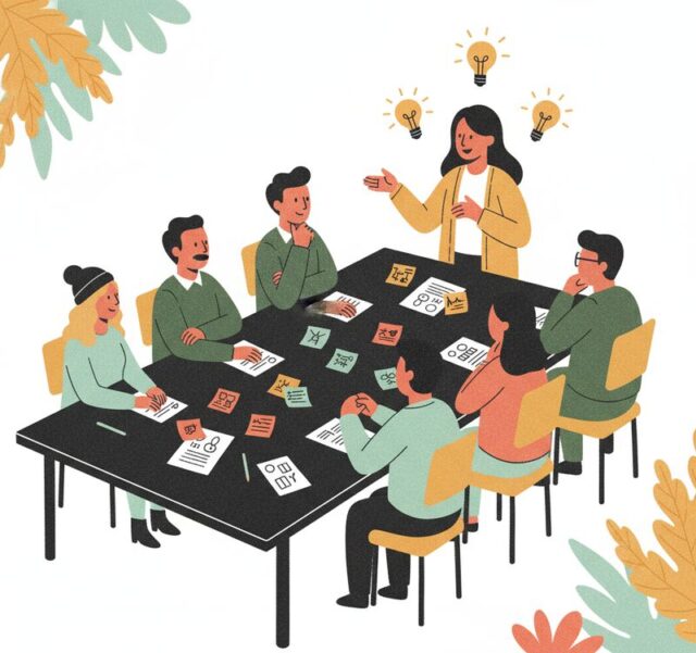 Abstract illustration of a workshop with patients and pharmaceutical team members collaborating