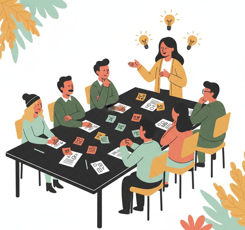 Abstract illustration of a workshop with patients and pharmaceutical team members collaborating