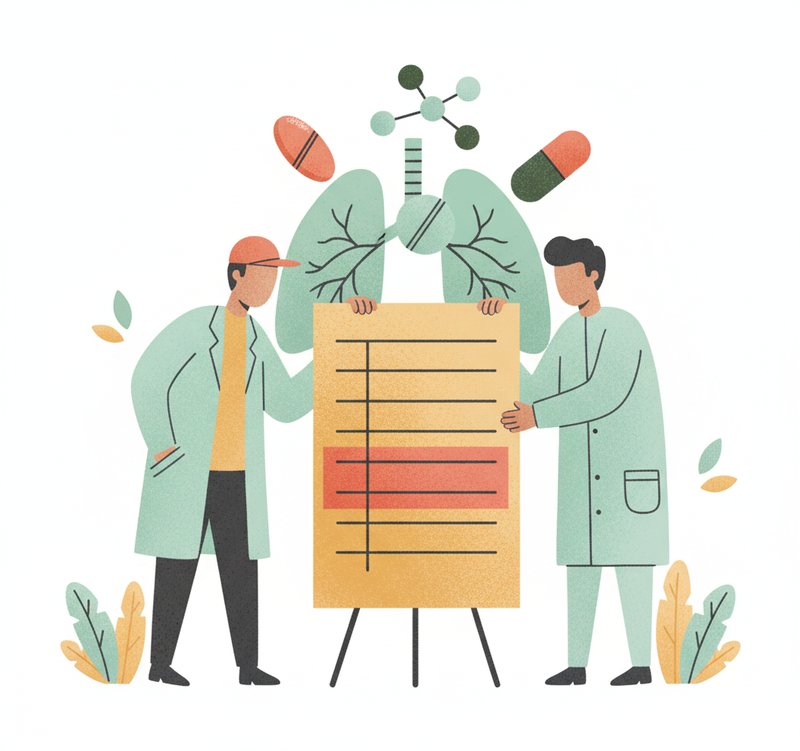 Abstract illustration of a patient expert and scientist examining a dosing chart together