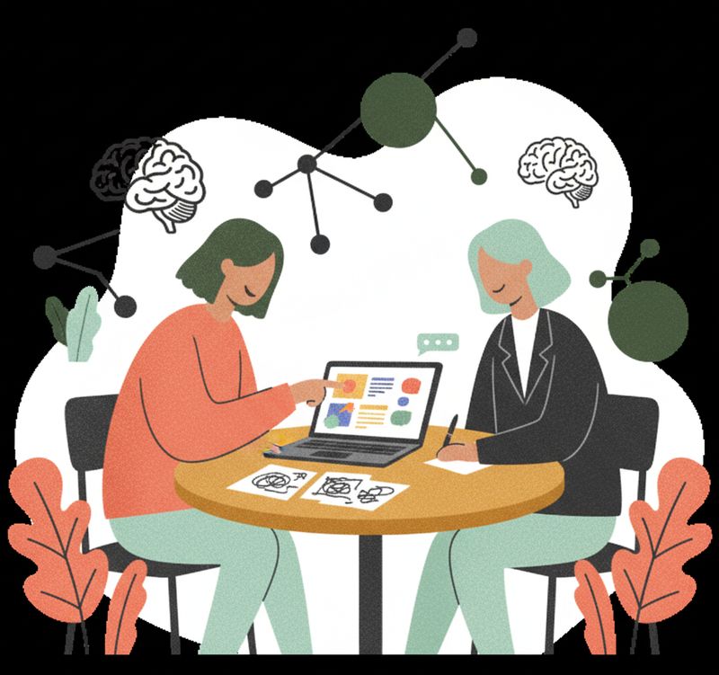 Abstract illustration of a patient and researcher collaborating on communications materials