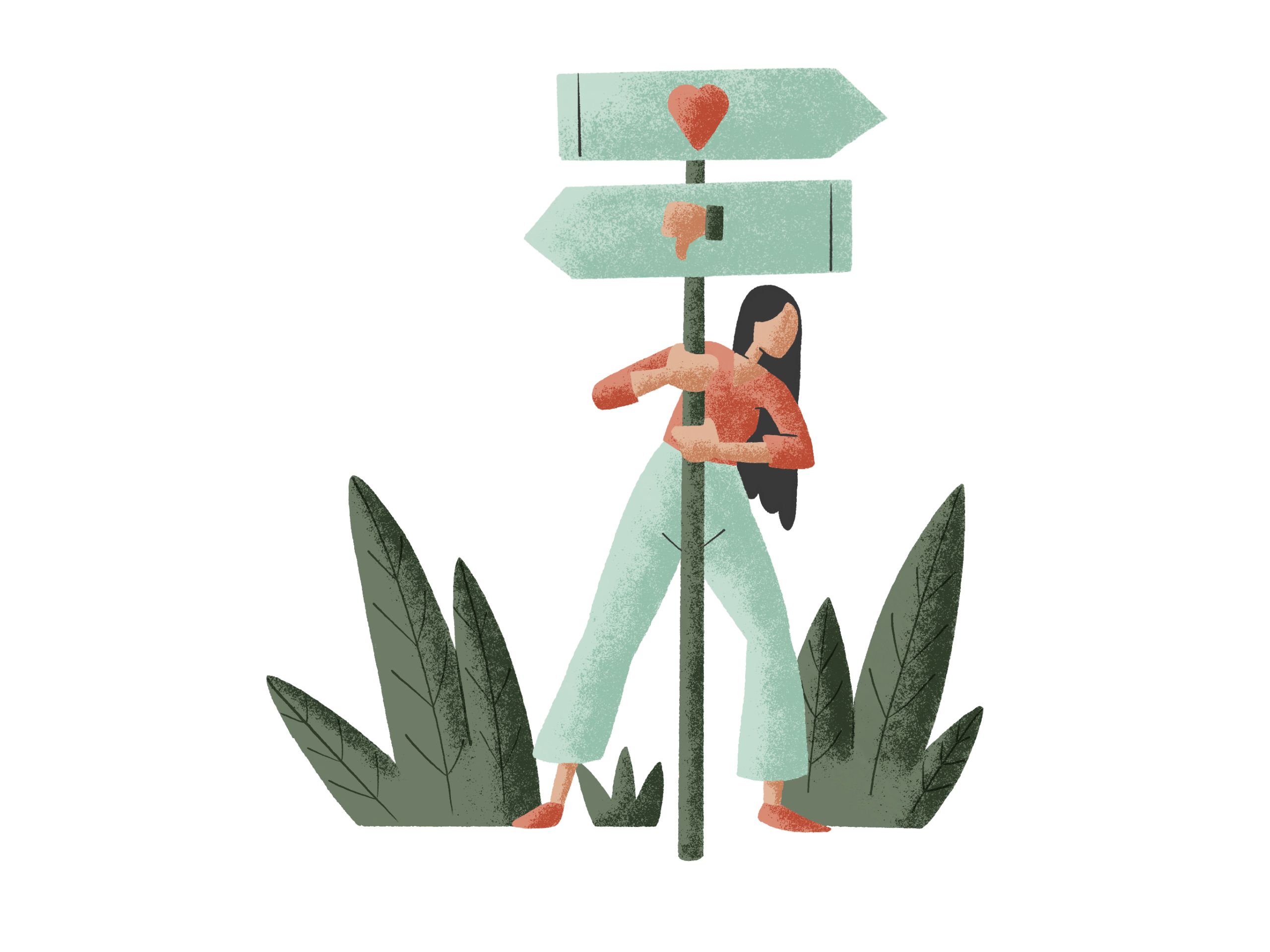 Illustrated patient figure standing between two signposts marked with heart icons — a Merakoi motif for informed treatment-choice decisions