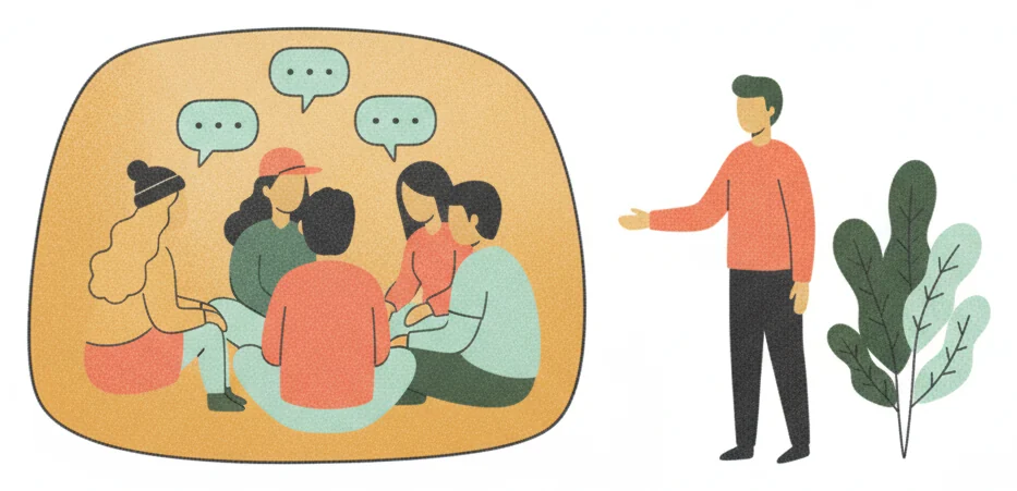 A group of people talking together inside an enclosed space while one person outside reaches toward them without making contact.