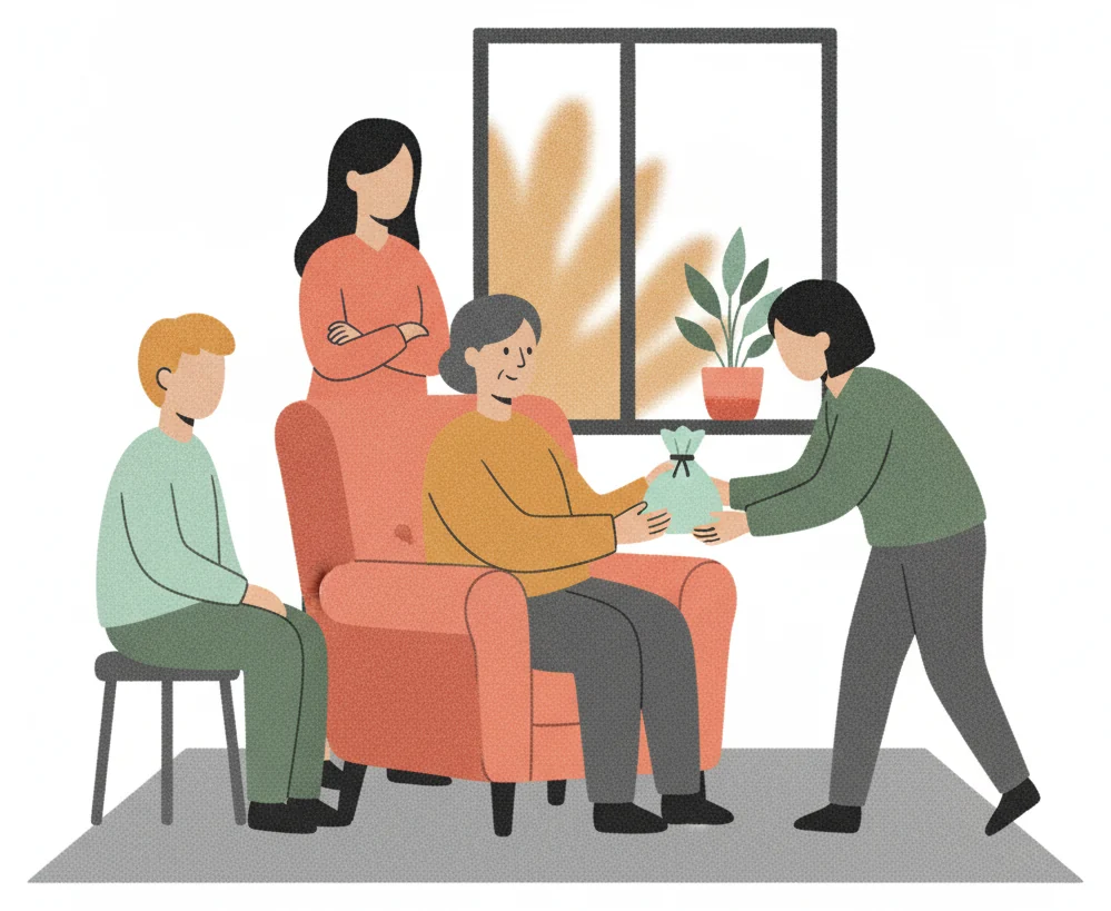 The patients AI never read about 2 An older person seated in an armchair hands a small kit to another person in a local community room, with no screens anywhere in the scene