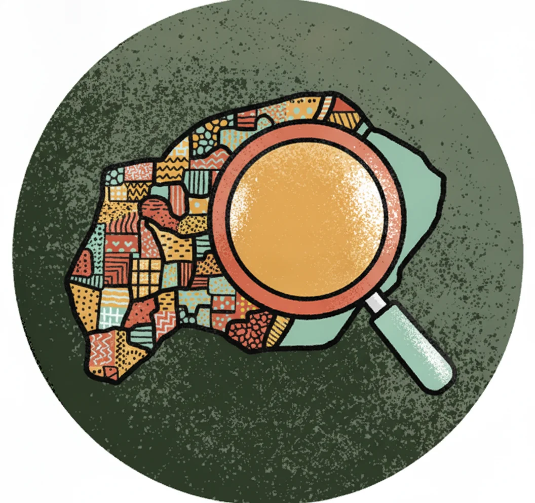 The patients AI never read about 3 A map where one half is densely patterned and the other half is blank, with a magnifying glass held confidently over the blank half