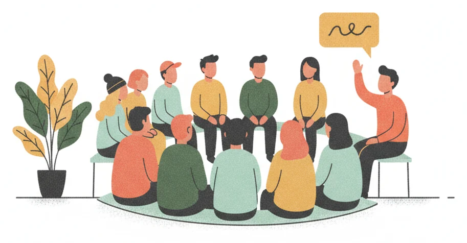 A large group seated in a session, every person turned toward the one participant who has raised a hand to speak.