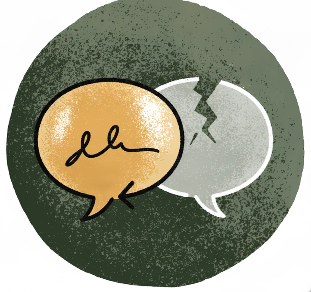Two speech bubbles: one solid and carrying a handwritten signature, the other empty, faded and cracked