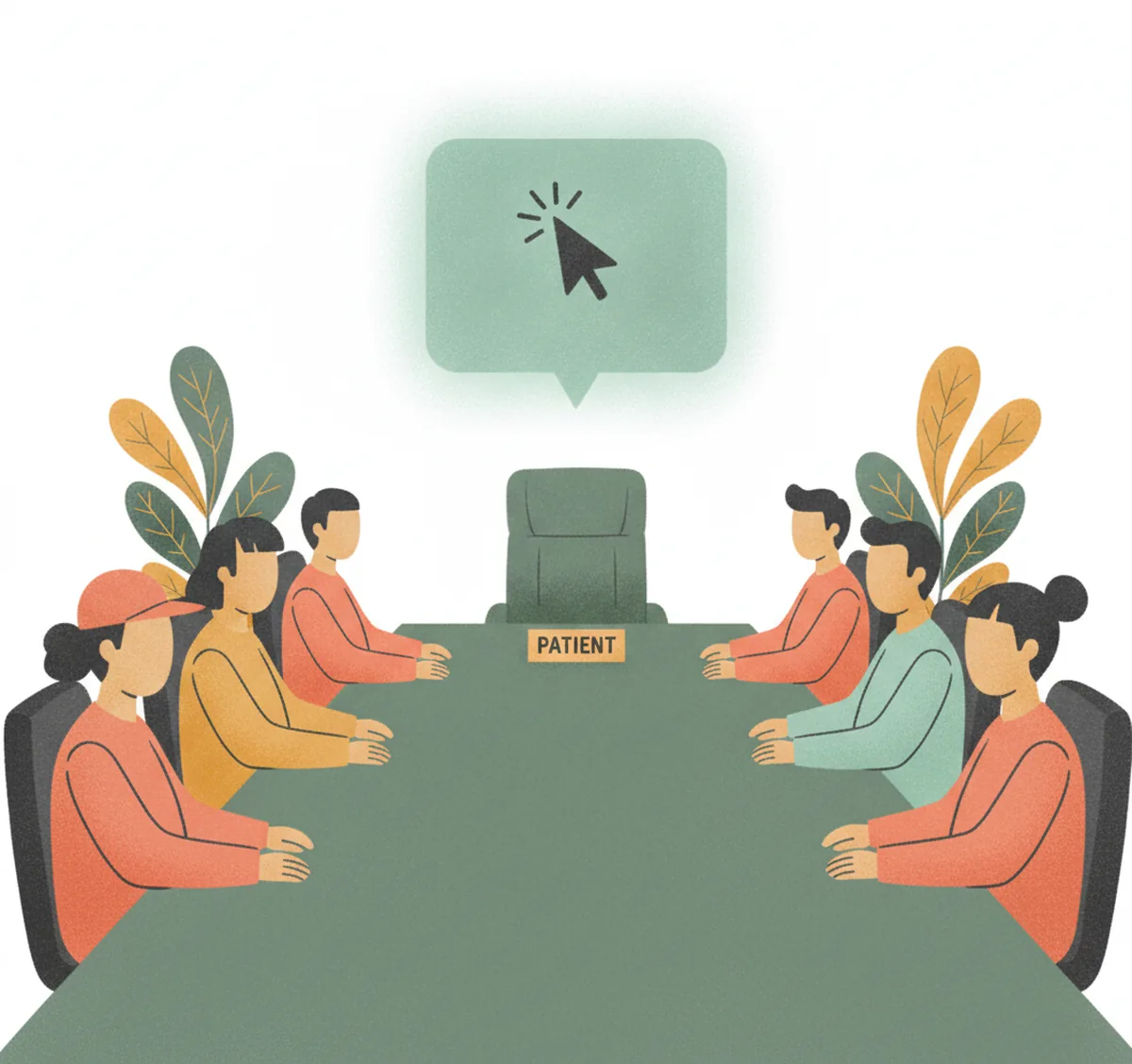 Where AI Patient Insight Stops 3 A boardroom table where the chair reserved for the patient holds a glowing chat window instead of a person