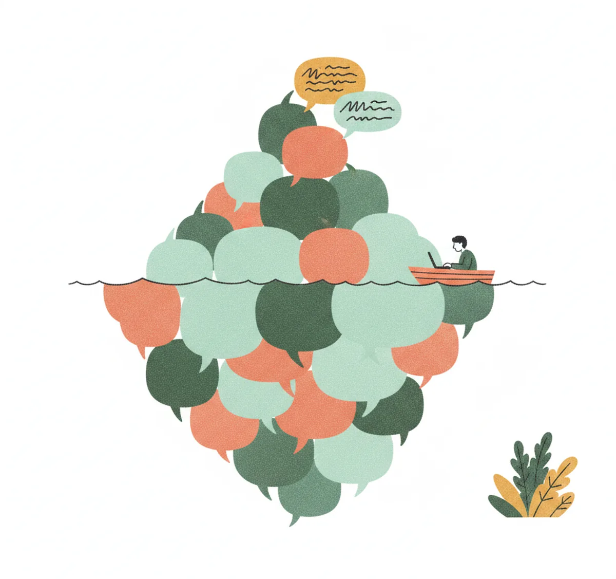 Where AI Patient Insight Stops 5 An iceberg of speech bubbles: a few written ones above the water, a huge mass of blank ones below