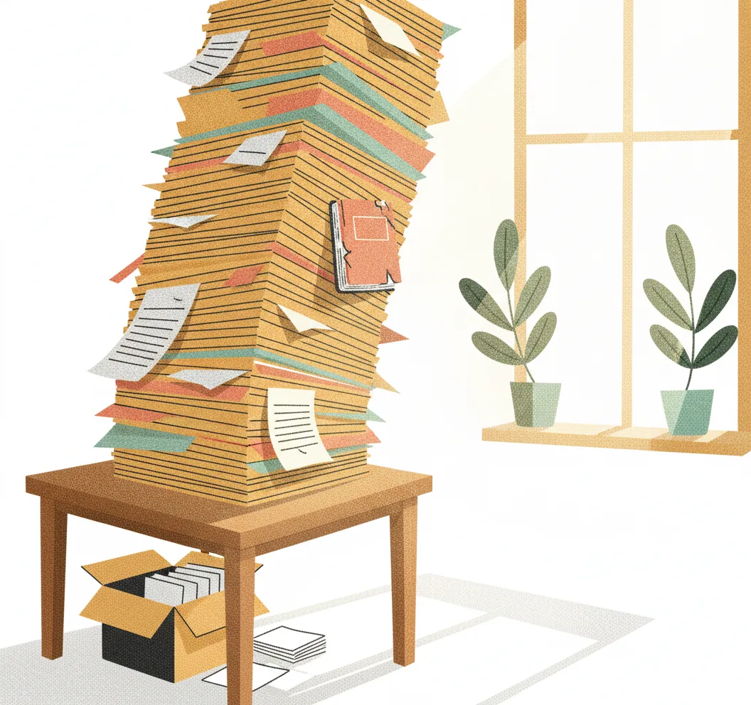 Ten years of blood pressure, and a chatbot that never knew my GP retired 2 A tall leaning stack of paper medical records on a table, with an old diary sticking out halfway up