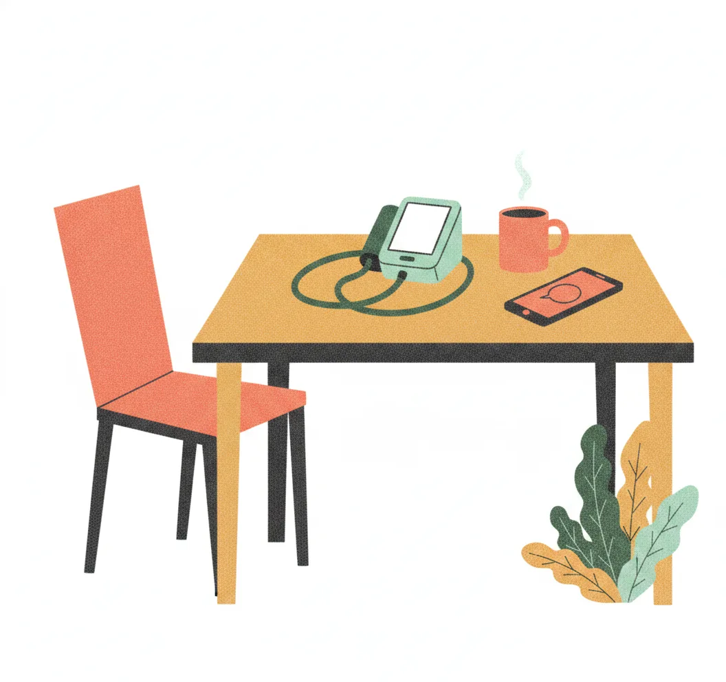 A home blood pressure cuff and monitor, a coffee, and a phone showing an empty chat bubble on a kitchen table; the chair is empty