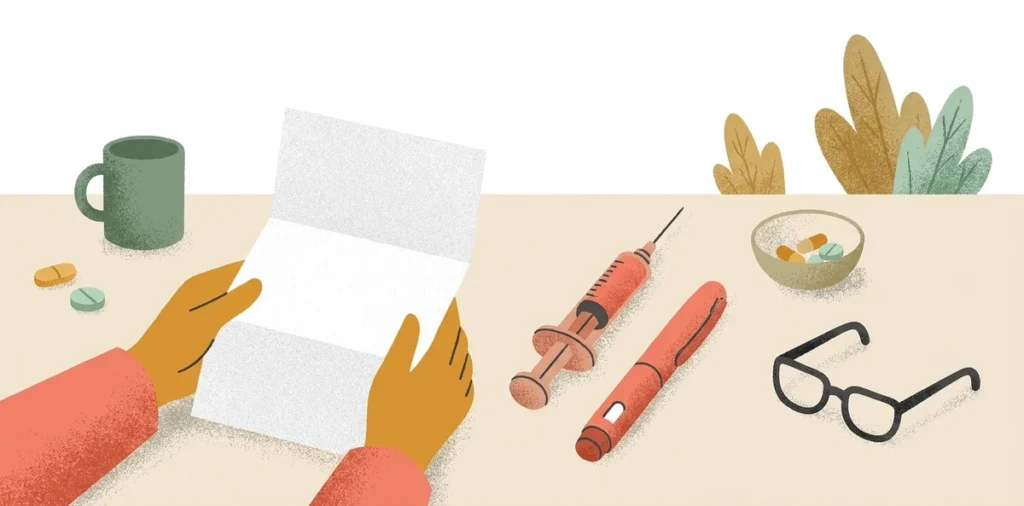 Two hands holding an opened letter above a table, with an old syringe and a new injector pen lying side by side