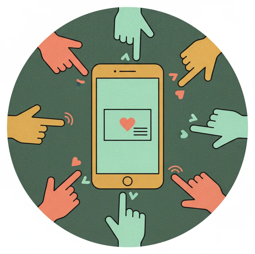 One phone showing a post in the centre, with hands reaching in from all sides to respond