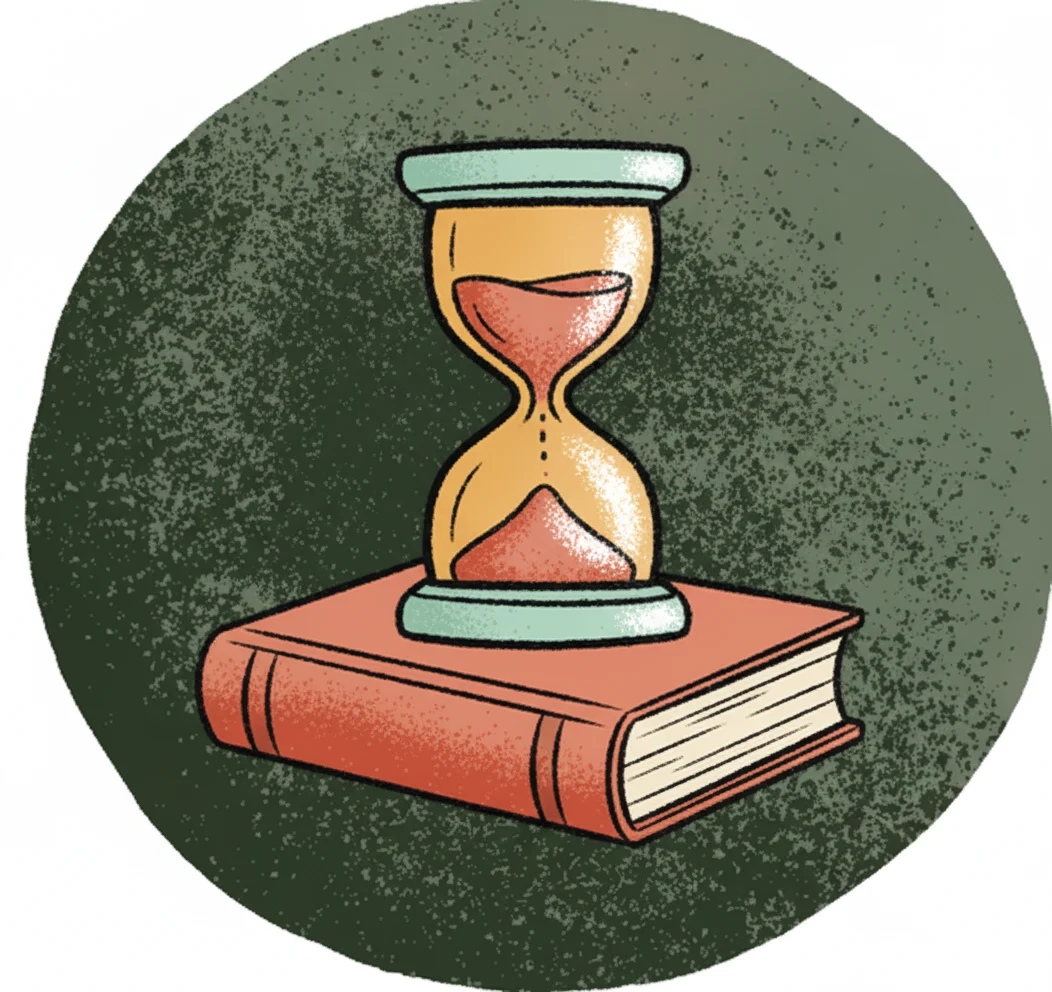 An hourglass with the sand still running, standing on top of an old closed book